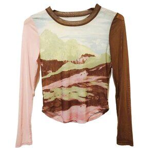 S/M Vtg 90s Y2K Acid Mountains Soft Club Cyber Rave Y2K Futurism Mesh Shirt